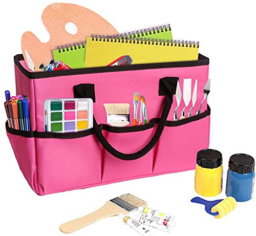 Image of ZKOO Craft Organizer Tote Bag, Portable Art Supply Storage Caddy with 6 Pockets & Removable Divider, Multi-Purpose Teacher Bag for Sewing, Scrapbooking, Office & Travel - Pink, Small