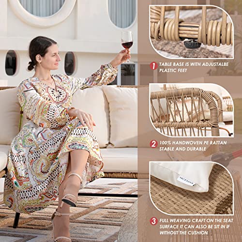 Nicesoul® 6 Pcs Boho Outdoor Small Patio Furniture Lounge Set With Beige Cushion And Round Glass Table With Ice Bucket Natural Color Wicker Conversation Sofa Set For Garden Balcony Deck #TOP1