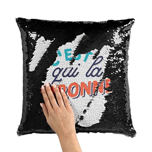 Housse coussin sequin noir humour maman boss cheffe décoration canapé