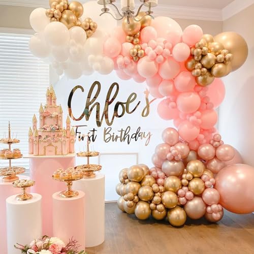 Image of Pink Gold Balloons, 60PCS Pink White Gold Birthday Balloons, 12 Inch Metallic Gold Confetti Balloons Macaron Pink Latex Balloons for Helium Party Balloons for Birthday Wedding Baby Shower Decoration