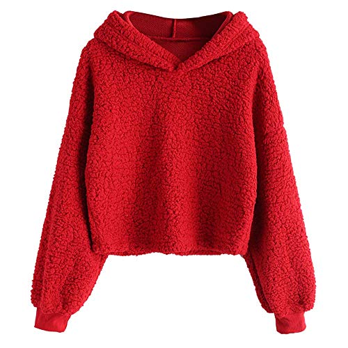 ZAFUL Women's Long Sleeve Hoodie Faux Fur Solid Color Crop Pullover Sweatshirt Tops Red S
