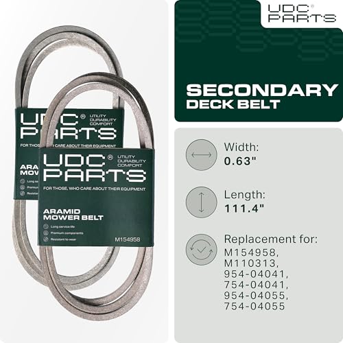 Image of UDC Parts M154958 Secondary Deck Belt Replacement for John Deere 48 Inch GT235 GT262 X300 320 345 325 180 245 265 GX345 LX280 GT275 335 M110313 954-04055 754-04055 / Aramid Cord / 111.400 inches