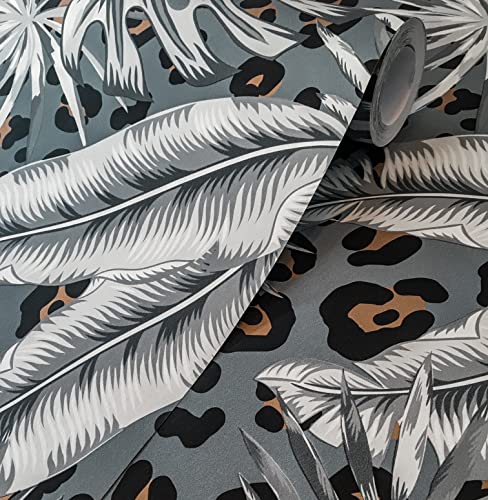 Wallpaper Empire Designer Tropical Leopard Skin Duck Egg/Gold Metallic Wallpaper