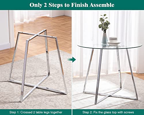 Sicotas Round Glass Dining Table With Chrome Legs - Modern Kitchen Table For 2 Or 4 Person,Circle Dining Room Table With X Metal Base #TOP1