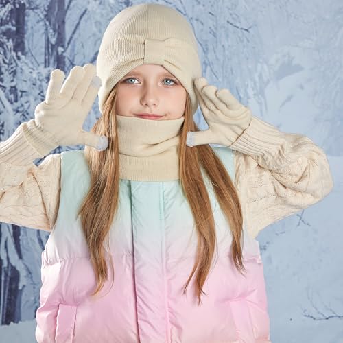 Kids Winter Bow Beanie Hat Scarf Touch Screen Glove Set for Boys Girls 3-8 Years3