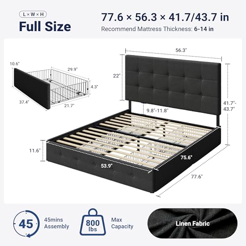 Image of Allewie Upholstered Full Size Platform Bed Frame with 4 Storage Drawers and Headboard, Square Stitched Button Tufted, Mattress Foundation with Wooden Slats Support, No Box Spring Needed, Dark Grey
