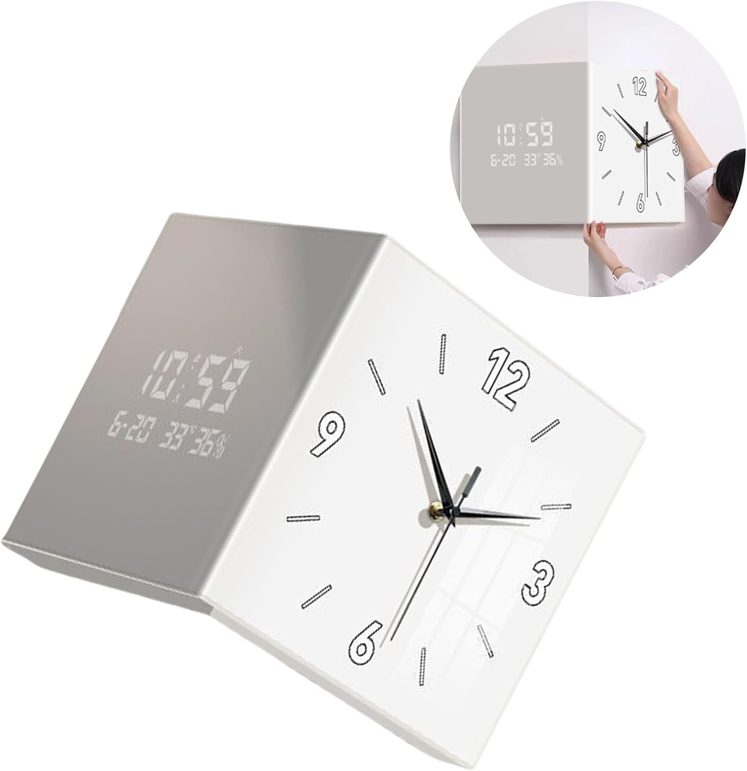 hejhncii Modern Corner Wall Clock with Double Sided Display Digital and Hands Plugging in Wall Clock for Living Room and Bedroom