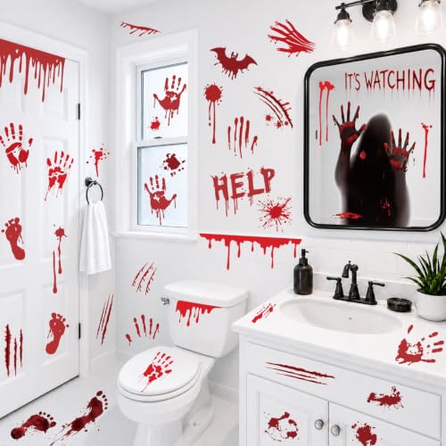 Image of Halloween Bloody Handprint & Footprint Stickers, Spooky Scary Horror Decor | 8 Sheets Blood Splatter Window Decals, Kitchen & Bathroom Floor Mirror Wall Decor, Home Office Halloween Party Decorations