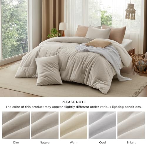 Image of Bedsure Comforter Set Twin Size - Cotton Fabric with Microfiber Inner Fill, Linen Color PureWoven Soft Bed Set for All Seasons, 2 Pieces, 1 Comforter (68 inch x 88 inch) and 1 Pillow Case (20 inch x 26 inch)