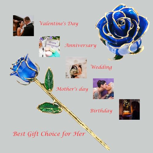 Image of 24K Gold Rose, Dipped Rose is Attractive Luster and Natural Shape, Best Gifts for Anniversary Wedding Valentines Day (Blue Original Rose with Stand)