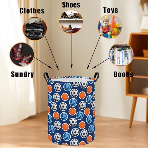 Image of Round Laundry Basket Collapsible Storage Hamper Organizer Ball Sports | Waterproof Canvas Foldable Baskets with sturdy Handles Multi-scene Organizer for Home Play Bedroom Gift Bin