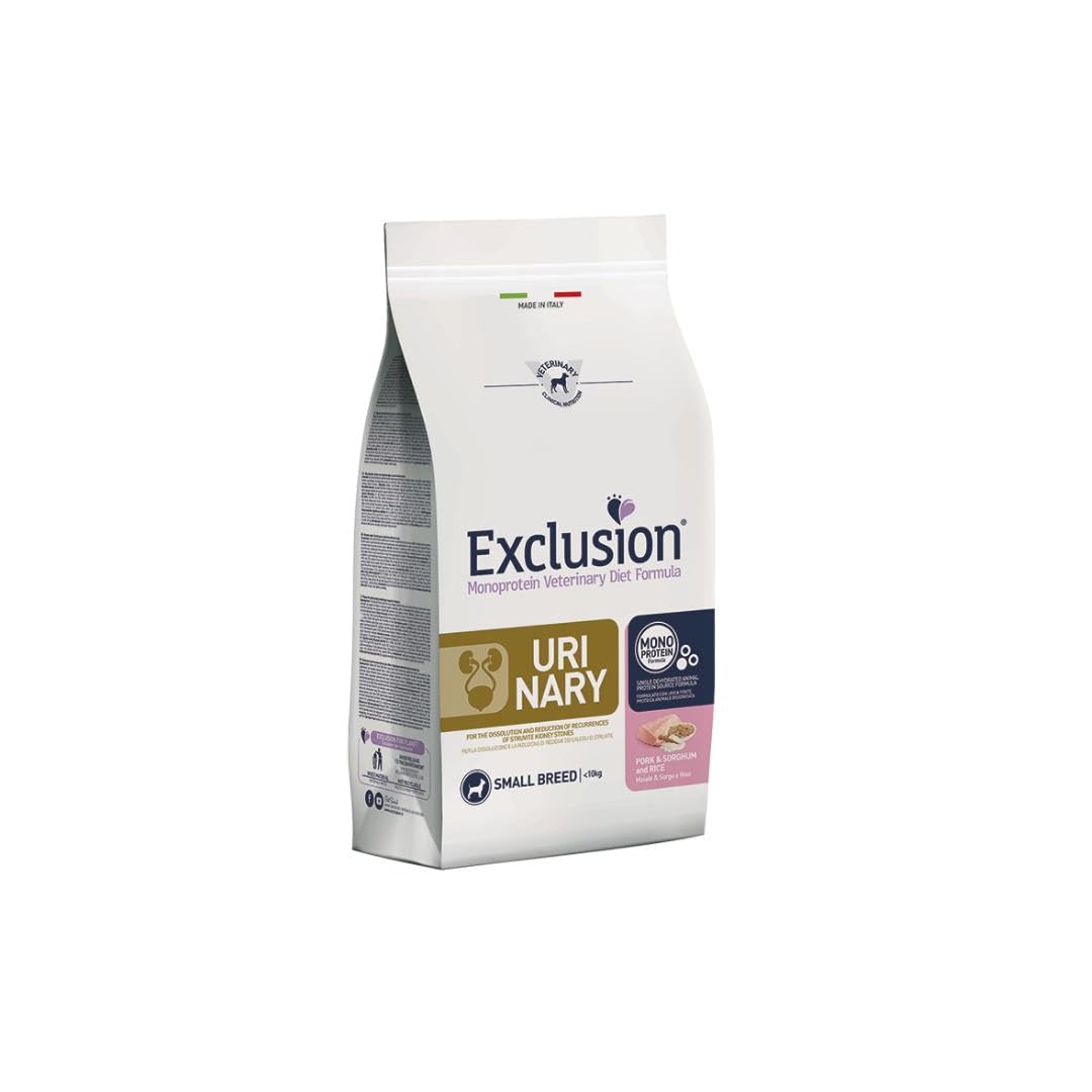 Exclusion Urinary - Alimento dietético para perros adultos de talla pequeña, cerdo, sorgo y arroz, 2 kg, alimento dietético para perros adultos de talla pequeña con cálculos de estruvita de 2 kg.