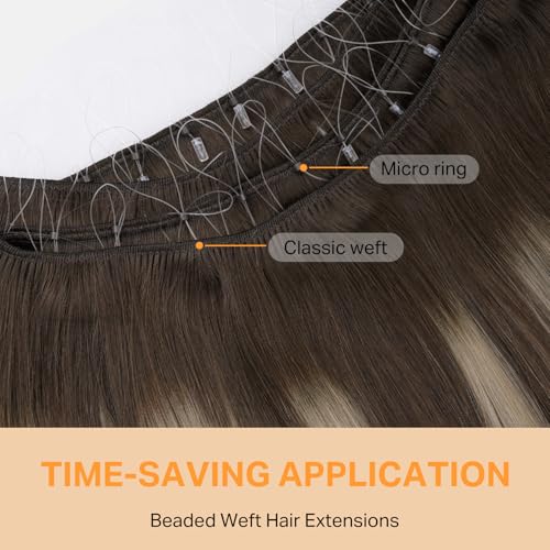 Image of DOORES Micro Bead Weft Hair Extensions Real Human Virgin Hair, 18Inch 100g Balayage Chocolate Brown to Honey Blonde Invisible Bead Extensions Human Hair