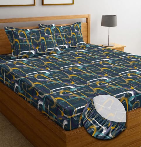 Image of IVAZA Ezyption Cotton Super Soft 240 TC Elastic Fitted All Around Elastic Printed King Size Double Bed Bedsheet with 2 Pillow Cover 72 inch X 78 inch3 Light Turquoise
