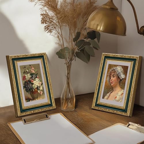 Image of eletecpro 4x6 Vintage Picture Frame, Glass Cover, Green Gold, 2-Pack | Display Photo 3.5x5 with Mat or 4x6 without, Horizontal or Vertical, Tabletop or Wall Decor