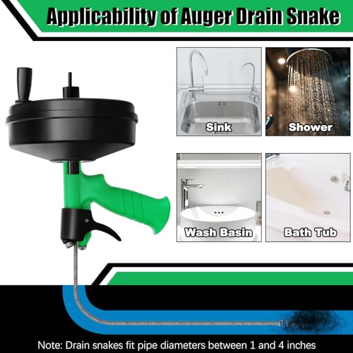 Image of 50 Ft Drain Snake, Fast Unclog Snake, 1 /4 Inch, Green | Manual & Electric Plumbing Snaker for Shower Sink, Toilet and Kitchen, Drain Auger 50 ft Comes with Gloves and Bag