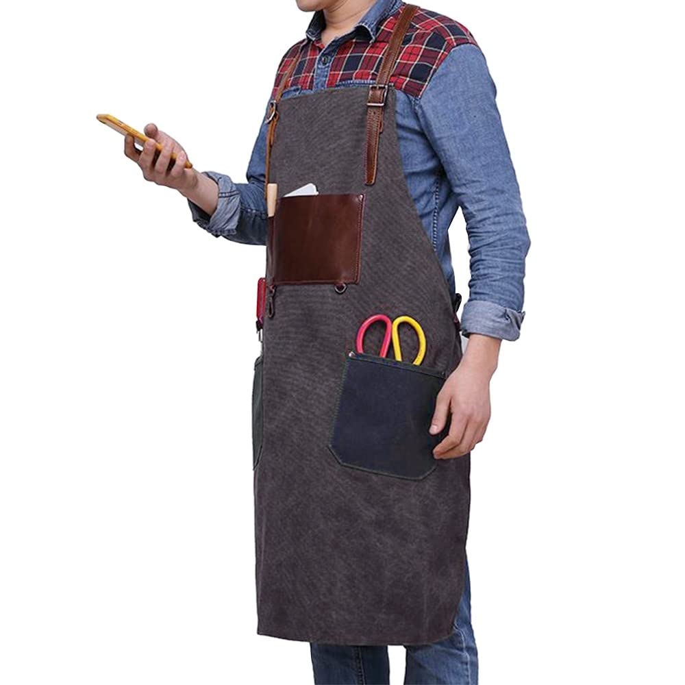 DONGKER Delantal de cocina, delantal de lona, para barbacoa, 16 onzas, delantal de trabajo con 3 bolsillos para hombres y mujeres, barbacoa, cocina