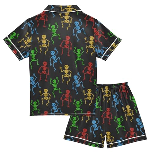 Funny Colorful Skulls (2) Summer Satin Pajama Set, Cute Button-Down Sleepwear Pj Set for Sleep Wears2