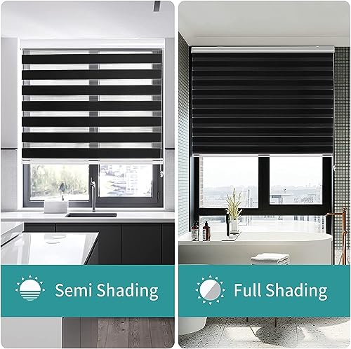 Joydeco Cordless Zebra Blinds for Windows, Dual Layer Free-Stop Zebra Shades Privacy Light Control for Day and Night, Light Filtering Sheer Blinds for Indoor Windows (Black, 55" W x Custom H)