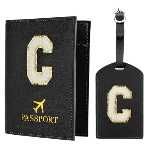 PATIKIL Passport Holder for Travel, Initial Passport Cover and Luggage Tag Set with Alphabet Chenille Letter Patch Travel Wallet Bag Suitcase Identifier for Women Family Travel Black C
