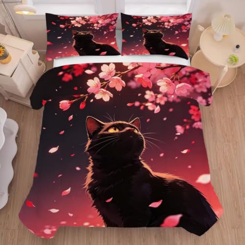 Image of Cat Cherry Blossom Comforter Set Full Size Floral Print Bedding Set | Romantic Red Gradient Sky Sakura Bedding Set for Women Girls, 3 Pieces Soft Washable All Season Bed Set for Bedroom Decor