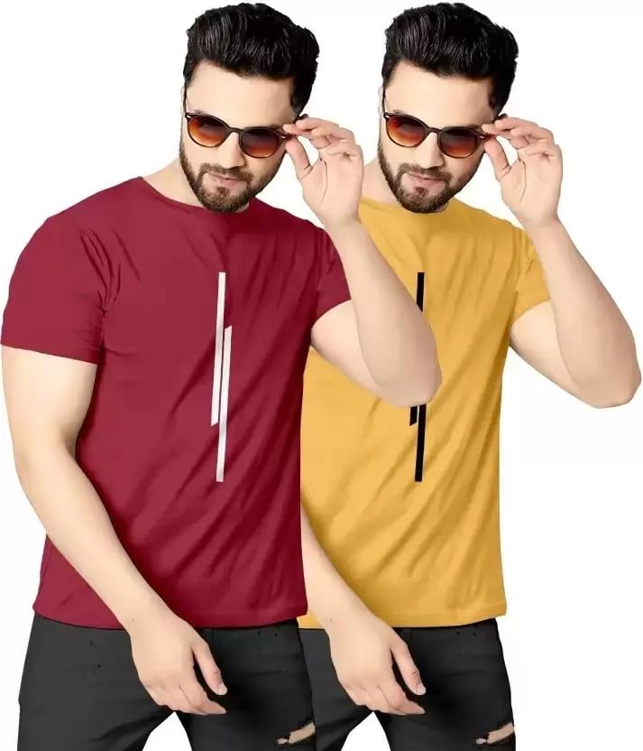 Image of Classic Men Solid Polyester Round Neck Tshirt || 11 Lines Graphic, Regular Fit, Comfortable T-Shirt for Men (Pack of 2)
