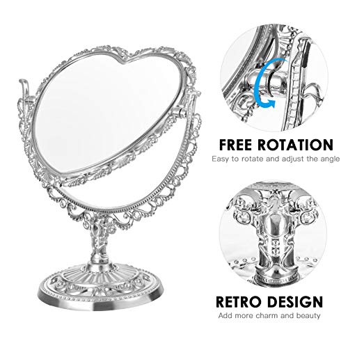 Lurrose Heart Shaped Mirror Heart Mirror Kawaii Mirror Tabletop Vanity Mirror Double Sided Magnifying Makeup Mirror With 360 Degree Rotation (Silver) #TOP2