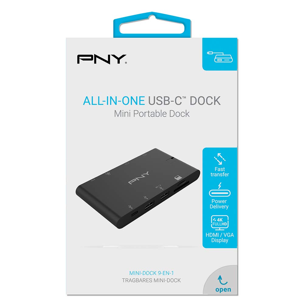 PNY 9 w 1 Mini Przenośny Hub Zasilający USB-C z Wbudowanym Kablem dla Urządzeń Kompatybilnych - 2 Porty USB-C, 2 Porty USB-A 3.1, HDMI, VGA, Gniazda SD/microSD