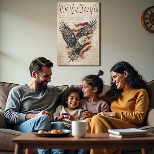 Image of Framed We The People Bald Eagle Wall Art, Patriotic US Constitution Canvas Art Pictures, American Flag Wall Decor, Made in USA Ready to Hang for Office Living Room