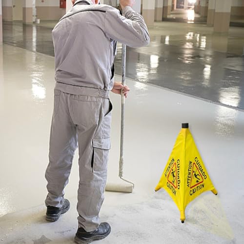 Wet Floor Signs - 4PCS Pop UP Bilingual Yellow Cones Wet Floor Sign with Wall Mounted Storage Tube Foldable, Slip Carefully Safety Cone Signs For Commercial & Office by ZenQeek - Used condition - Image 4