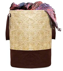 Kuber Industries Waterproof Canvas Laundry Bag/Hamper|Metalic Printed With Handles|Foldable Bin & 45 Liter Capicity|Size 37 x 37 x 46, Pack of 1 (Brown)