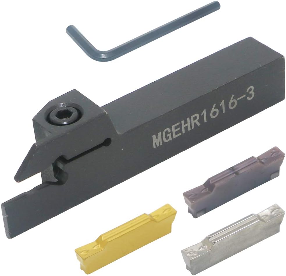 CNC Lathe Grooving Tool Holder MGEHR1616-3(0.63 Inch), with Three MGMN300 Cemented Carbide Blades. Yellow Processed Steel, Fuchsia Processed Stainless Steel, Silver Processed Aluminum Alloy. (3mm)