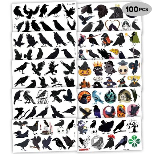 Frawharmone Crow Bird Temporary Tattoos Stickers Theme Animal Birthday Party Supplies Favors Decorations 100Pcs Black Horror Crows Raven Gothic Tattoo Sticker Gifts For Boys Girls School Prizes Halloween Carnival thumb #4