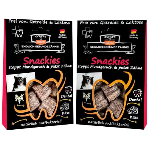 QCHEFS 2er Pack SNACKIES Leckerlis bei Mundgeruch- natürlich antibakterielle Zahnpflege ohne Dentalspray, Hundezahnbürste oder Zahnpasta