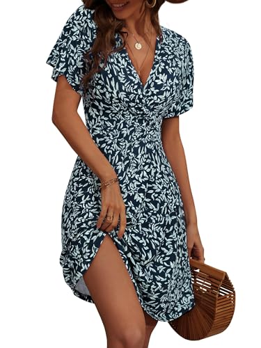UUAISSO Robe Décontractée pour Femme col V Cache-cœur Robe Fleurie Manches Courtes Robe Midi D'été Trapèze Noir Fleuri XL