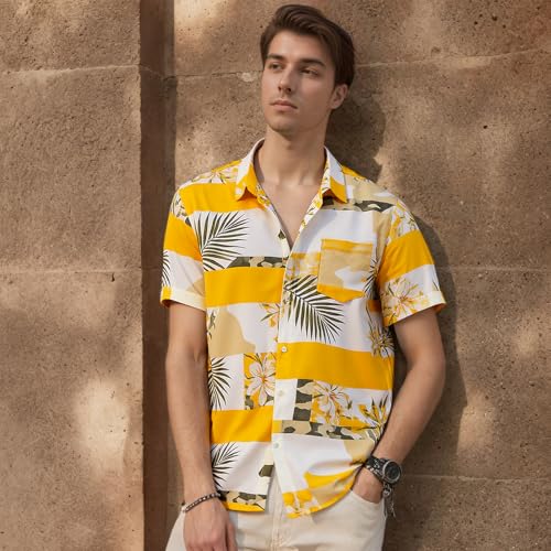 Image of Men's Hawaiian Shirt Tops Vintage Short Sleeve Button Down Beach Shirt Male Tropical Floral Summer Pullover Party Holiday