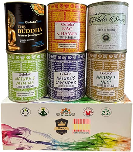 Conos de Relujo Premium | Set de 6 Botes Goloka | Jazmín, Salvia Blanca, Nag Champa, Chakra, Lavanda Y Nest | Presentación de Diseño | 6 x 18 Conos Cover