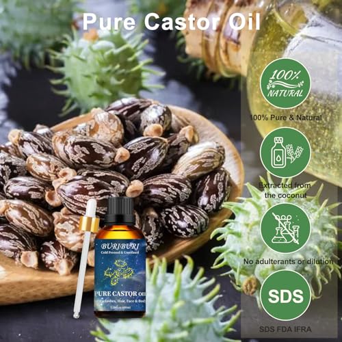 Image of BURIBURI Castor Oil Pure Carrier Oil with Applicator Kit, 100% Pure, Organic, Cold-Pressed, Natural Castor Oil 100ml /3.38fl.oz