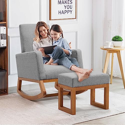 Image of YOLENY Rocking Chair with Footstool, Upholstered Nursery Glider Rocker, Modern Accent Rocking Lounge Chair, Comfy High Back, Linen Armchair, Grey