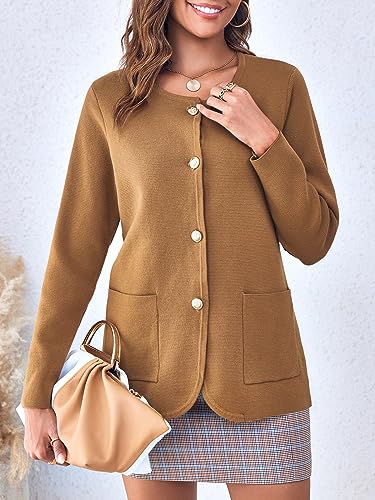 Langwyqu Womens Crew Neck Button Down Cardigan Sweaters Blazer Casual Long Sleeve Knit Solid Sweater with Pockets3