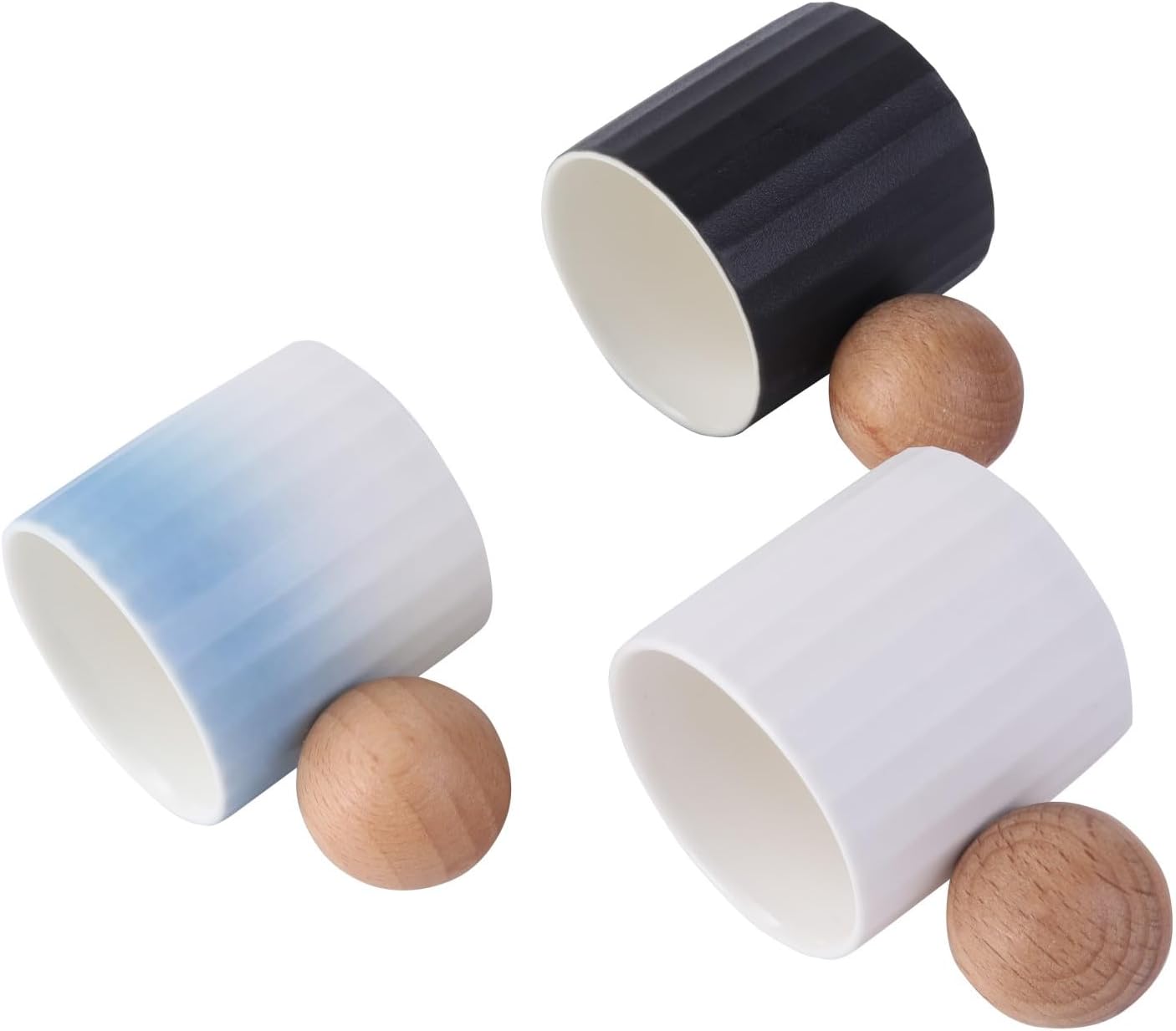 Ceramic Espresso Cups Set of 2, 2 oz Mini Espresso Cups, Round Wooden Handle Stripes Demitasse Cups for Tea or Coffee (4, White) - Image 5
