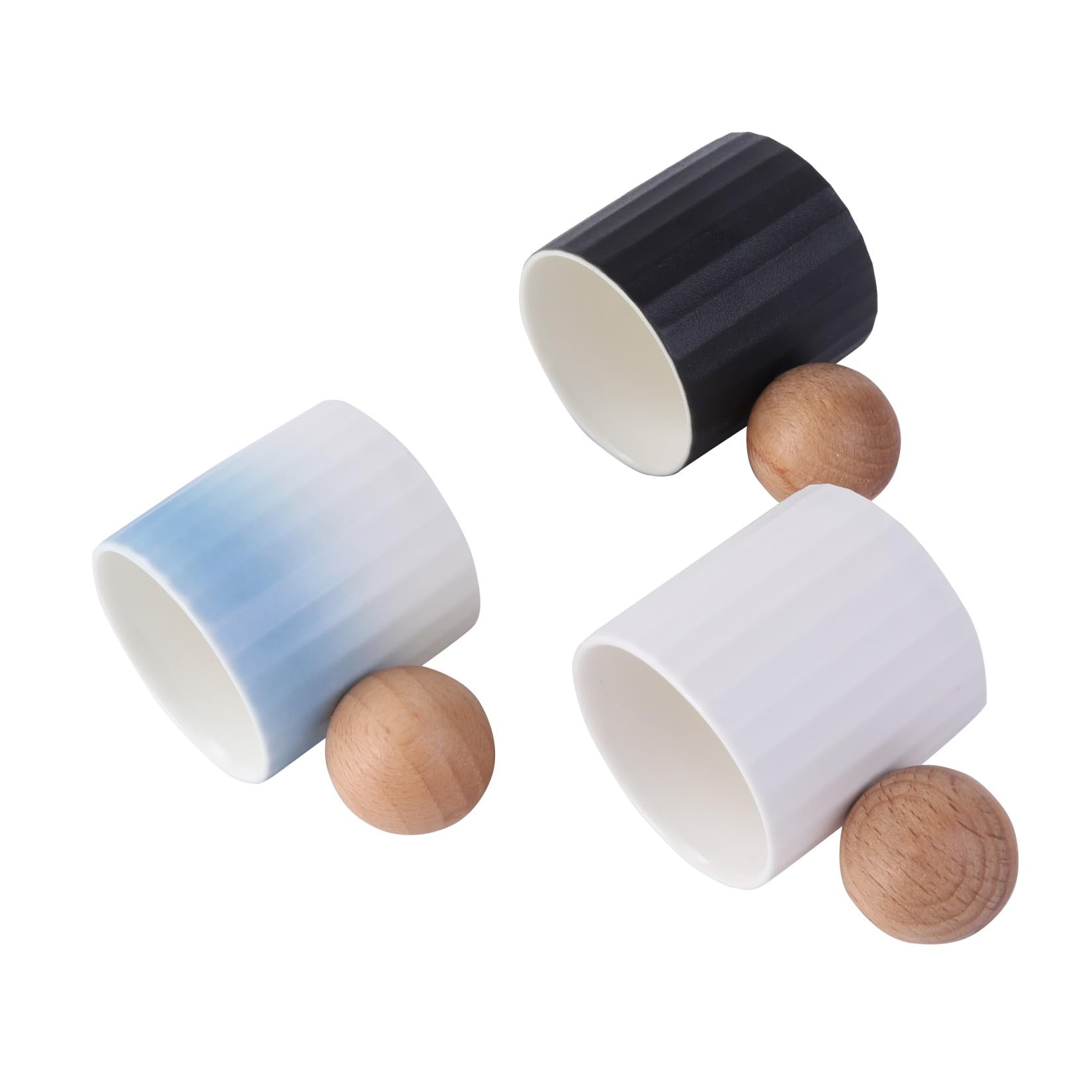 Espressotassen aus Keramik, 2er-Set, 57 ml, Mini-Espressotassen, runder Holzgriff, Streifen, Demitasse-Tassen für Tee oder Kaffee (2, weiß)
