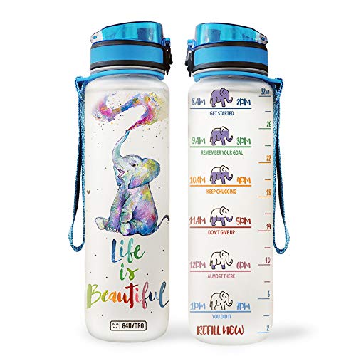 64Hydro 32Oz 1Liter Motivational Water Bottle With Time Marker, Colorful Painting Elephant Lover Life Is Beautiful Hhp1707027 Water Bottle #TOP4