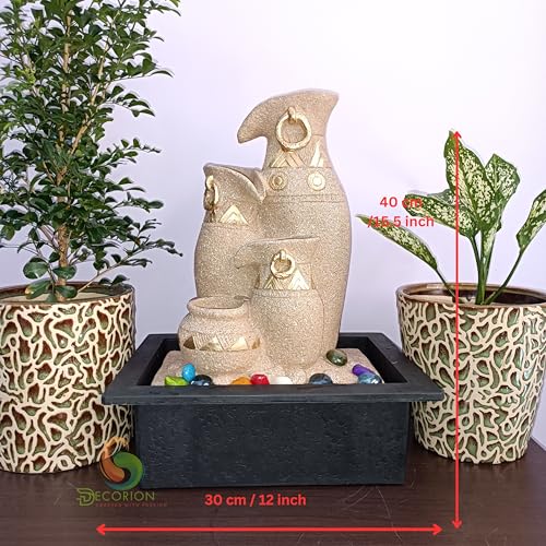 Image of Polyresin Designer Table Top Four Tier Fountain in Yellow Stone for Indoor, Outdoor, Home & Office Decor with Multicolour LED Light and Water Flow Control Pump (Jug & Matki D-065)