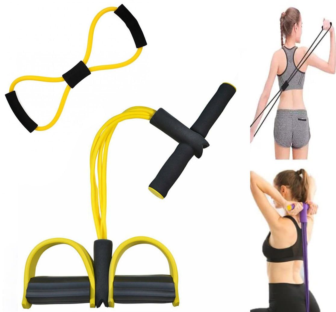 Multifunction Elastic Sit Up Pull Rope Foot Pedal - 4 Tubes Pedal Resistance Band - Chest Expander Ideal Fitness Exercise at Home/Gym - Targeting Arms, Legs & Abdomen for Slimming Training (Yellow)