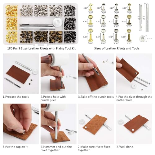 Yiarsky Set di 180 rivet in pelle, con rivetti in metallo, con rivet Pliers Hollow Rivets 12 mm, 8 mm, 6 mm, per accessori con 3 strumenti per fai da te, borse, scarpe, cinture, cappelli, ecc. 4