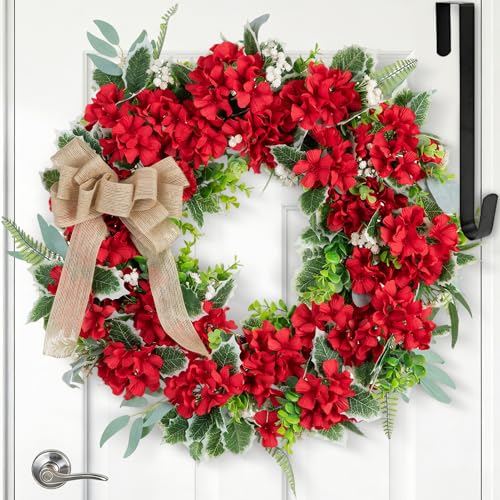 NUPTIO Geranium Wreath for Front Door: Summer Red Wreaths 24 Inch