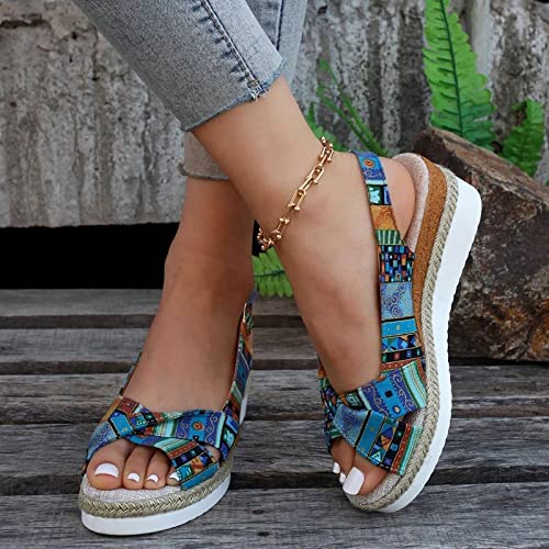 Orthopedic Wedge Sandals for Women Summer Dressy Open Toe Ankle Strap Platform Sandals Casual Strappy High Wedges Slip on Sandals Beach Sandals Dress Shoes Comfortable Outdoor Shoes (#B-Blue, 7.5)