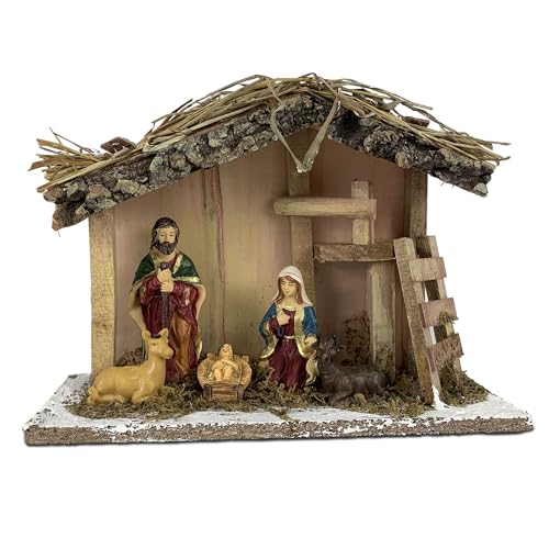 TIENDA EURASIA – Nacimiento Belen Navidad | Pesebre de Navidad | 5 Figuras | Multicolor | Cerámica y Base Madera Chapada con Decoración de Hierbas Secas | Medidas 25x9x15 cm | Nacimientos de Navidad