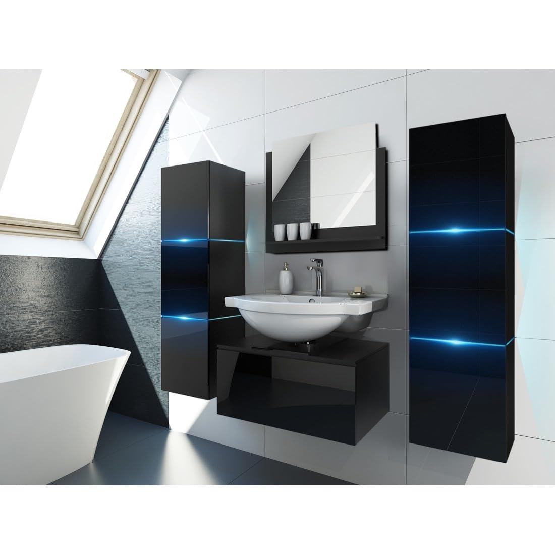 Meublorama Mobile sottolavabo sospeso Collezione Owl, Nero Opaco e Lucido, Pannello in Vetro Nero, Ideale per Il Bagno.